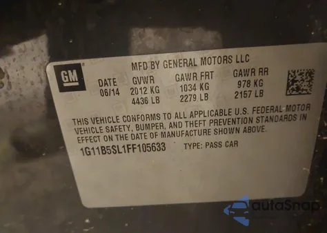 2015 Chevrolet Malibu Ls из США, поврежденный, VIN 1G11B5SL1FF105633